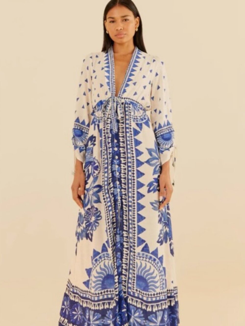 Farm Rio Dress Size M Blue White Long Sleeve Maxi